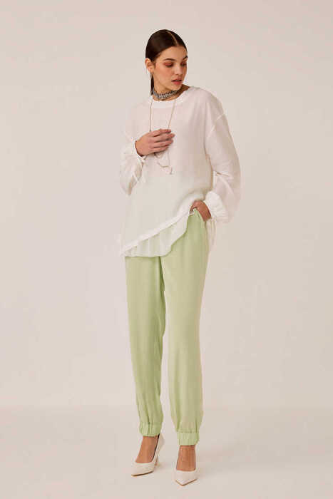 Hukka Beli Ve Paçası Büzgü Detaylı Pantolon MİNT - 2