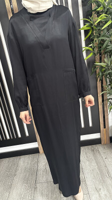 Hukka Yakası V Saten Pamuk Elbise SİYAH - 3