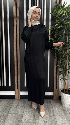 Hukka Yakası V Saten Pamuk Elbise SİYAH - 2
