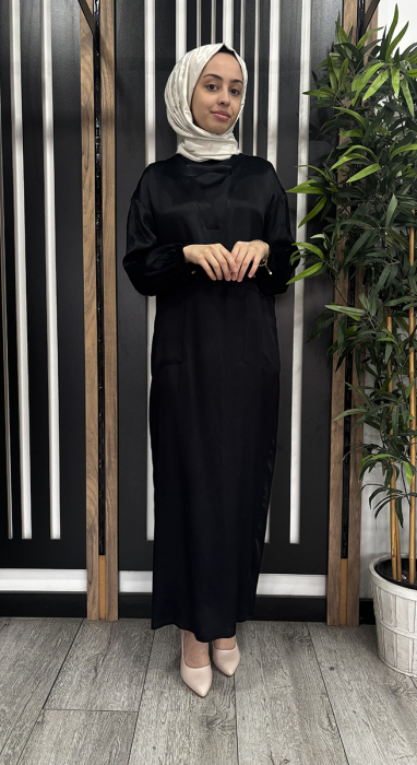 Hukka Yakası V Saten Pamuk Elbise SİYAH - 1