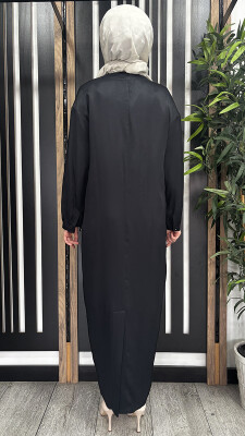 Hukka Yakası V Saten Pamuk Elbise SİYAH - 4