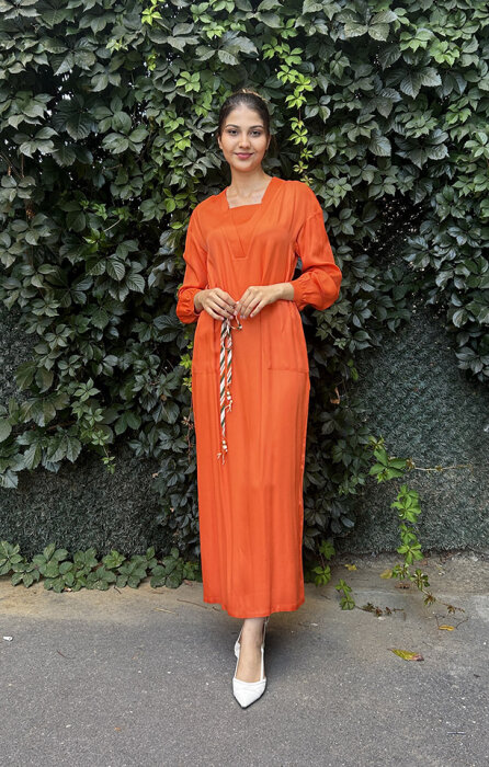Hukka Yakası V Saten Pamuk Elbise TURUNCU - 2