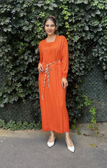 Hukka Yakası V Saten Pamuk Elbise TURUNCU - 1