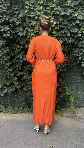 Hukka Yakası V Saten Pamuk Elbise TURUNCU - 4