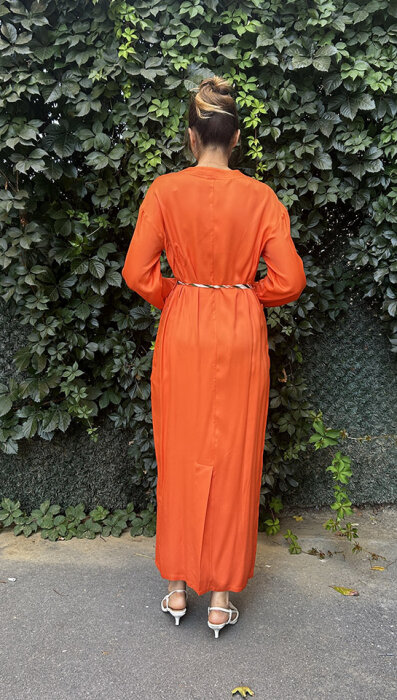 Hukka Yakası V Saten Pamuk Elbise TURUNCU - 4