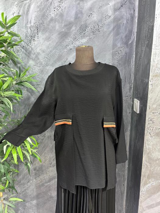 Hukka Yanları Zincir Detaylı Bluz SİYAH - 1