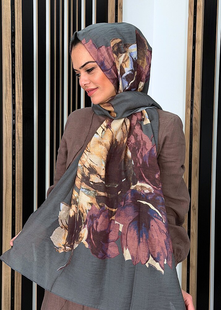İpekevi Büyük Çiçek Desenli Şal FÜME - 2