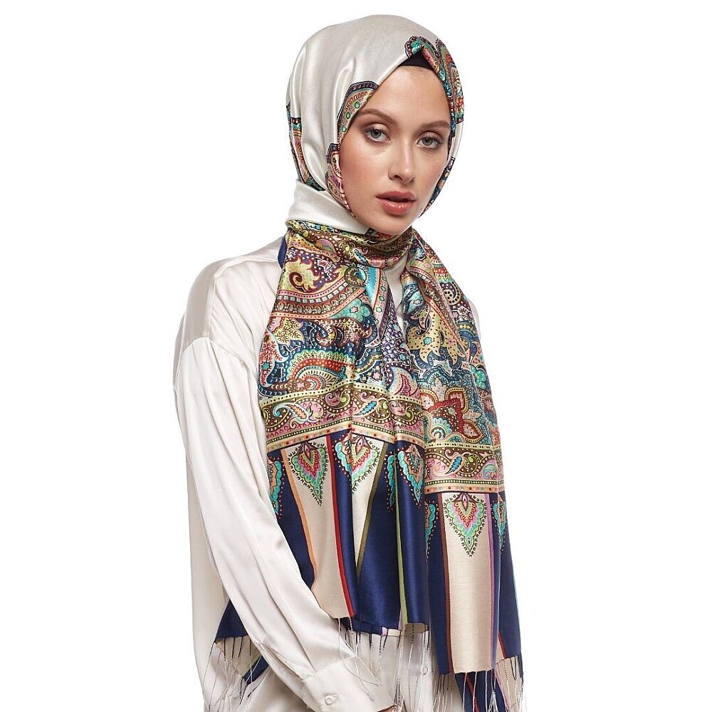 İpekevi Çerçeve Paisley Desenli İpek Şal İnci Beyaz - 4