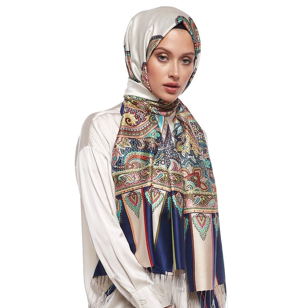 İpekevi Çerçeve Paisley Desenli İpek Şal İnci Beyaz - 4