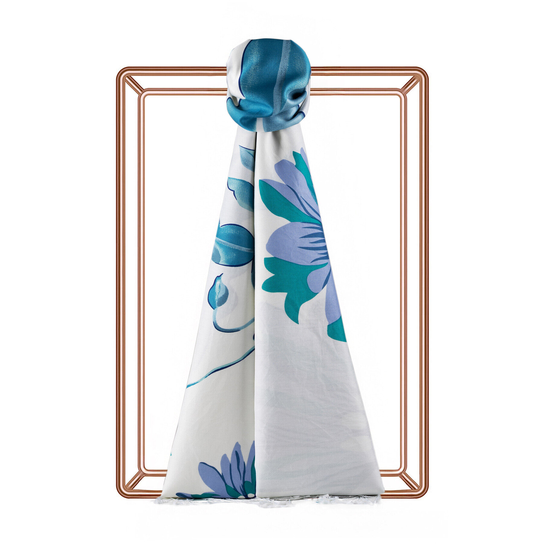 İpekevi Ekinezya Desenli İpek Şal Beyaz/Mavi - 1