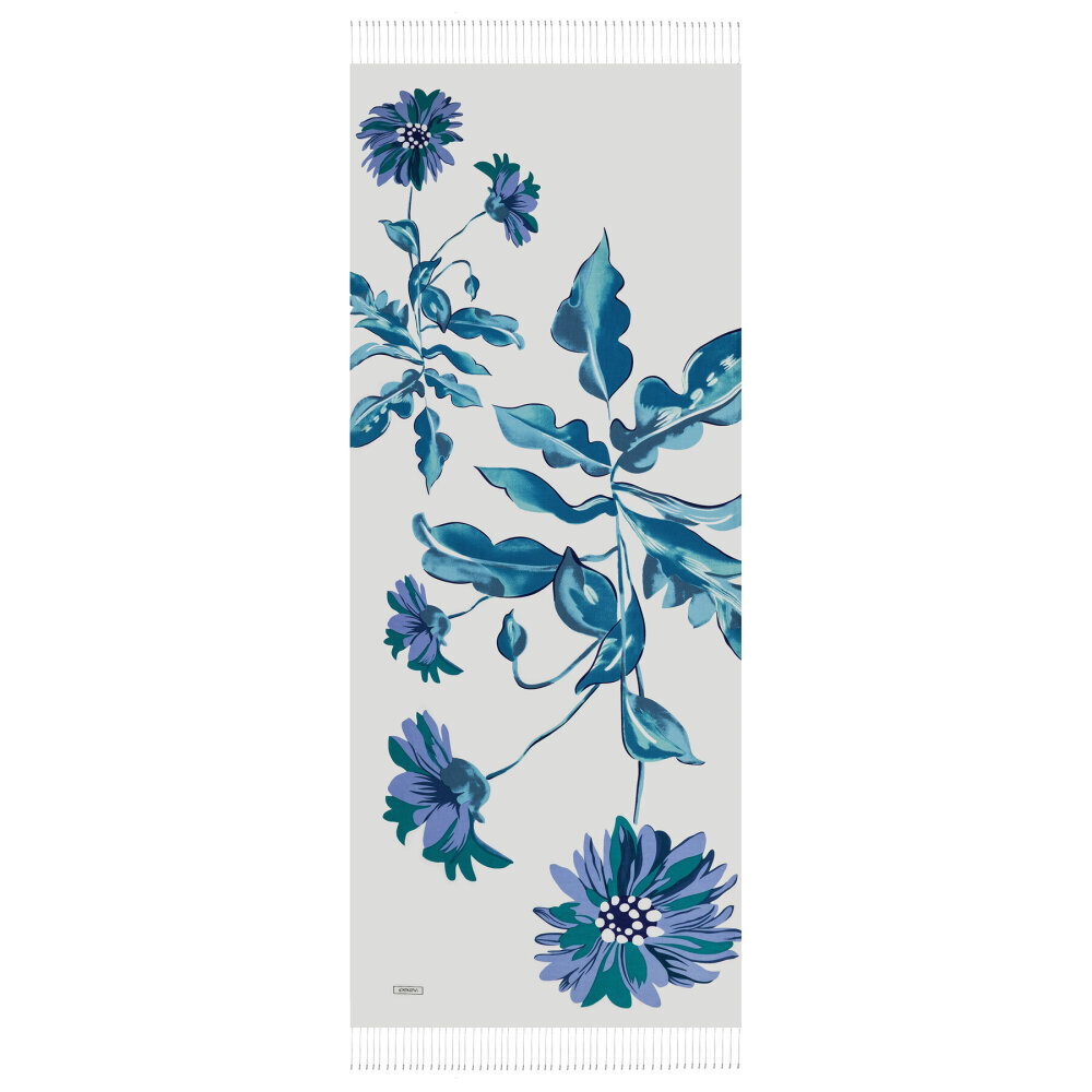 İpekevi Ekinezya Desenli İpek Şal Beyaz/Mavi - 2