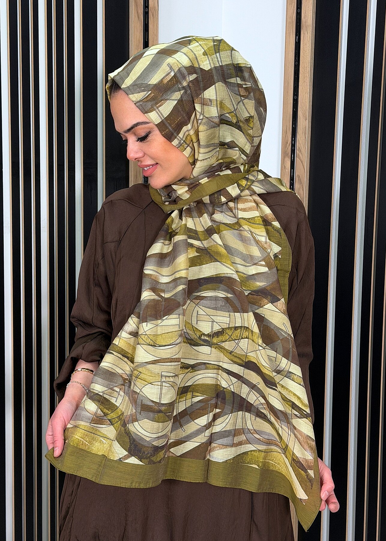 İpekevi Gece Dalgası Desenli Şal YAĞ YEŞİLİ - 1