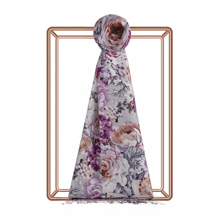 İpekEvi Gül Deryası Desenli İpek Şal GümüşFuşya - 1