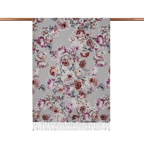 İpekEvi Gül Deryası Desenli İpek Şal GümüşFuşya - 2