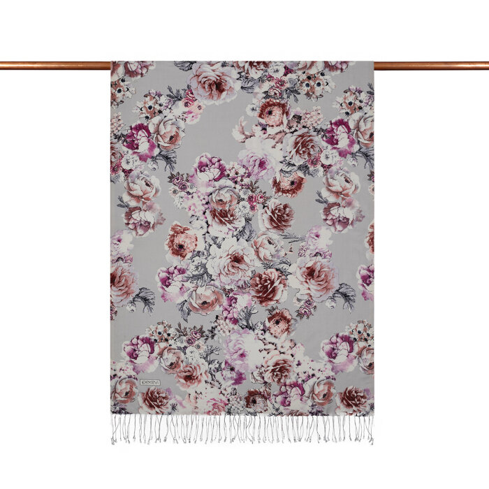 İpekEvi Gül Deryası Desenli İpek Şal GümüşFuşya - 2