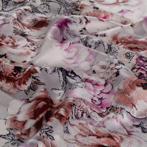 İpekEvi Gül Deryası Desenli İpek Şal GümüşFuşya - 3
