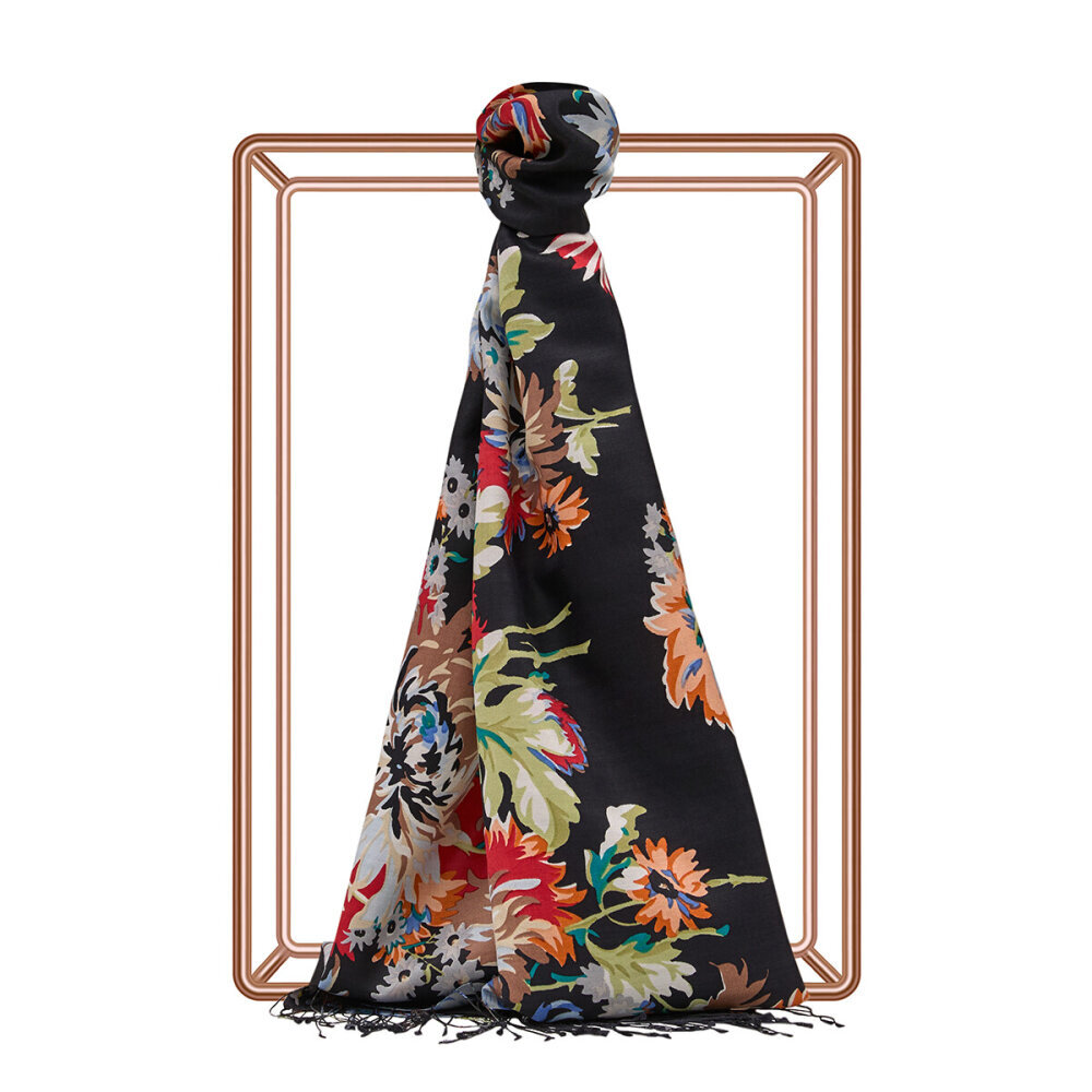 İpekevi Kasımpatı Desenli İpek Şal SİYAH