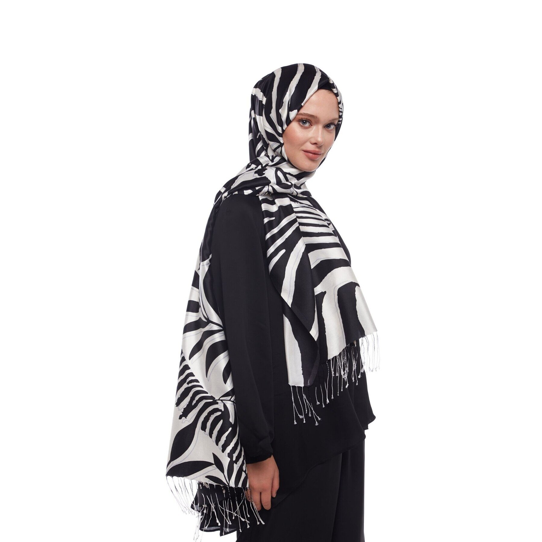 İpekevi Palmiye Desenli İpek Şal SİYAH - 4