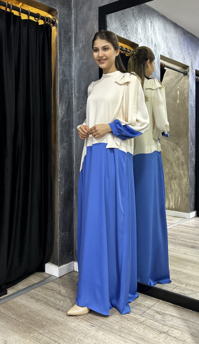 Jamila Sarah Bade Elbise Fildişi/Saks - 3
