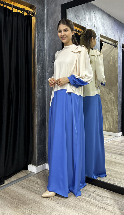 Jamila Sarah Bade Elbise Fildişi/Saks - 3