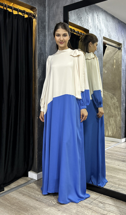 Jamila Sarah Bade Elbise Fildişi/Saks - 4