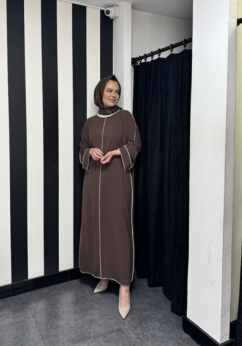 Katrem Biye Detaylı Abaya KAHVE - 3