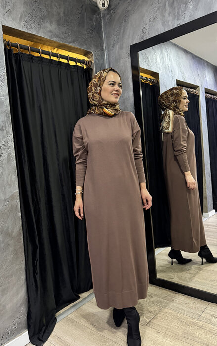 MerWish Basic Triko Elbise KAHVE - 3