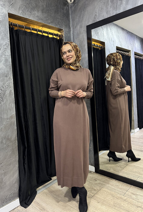 MerWish Basic Triko Elbise KAHVE - 4