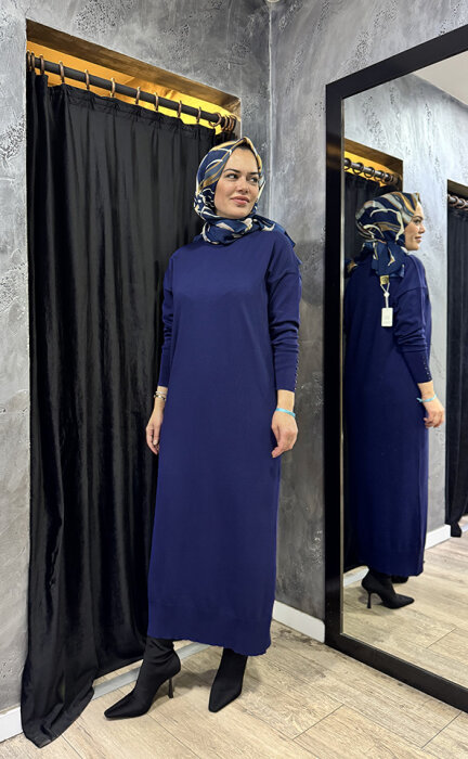 MerWish Basic Triko Elbise LACİVERT - 2