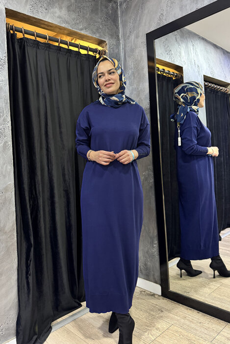 MerWish Basic Triko Elbise LACİVERT - 3