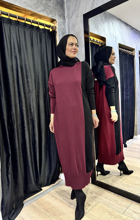 MerWish Blok Elbise BORDO - 3