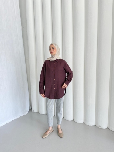 MerWish Düğme Keten Gömlek BORDO - 1