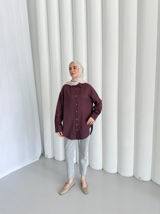 MerWish Düğme Keten Gömlek BORDO - 1