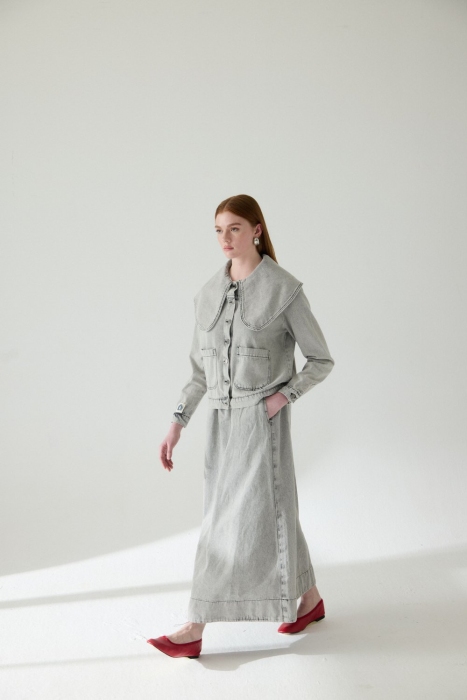 MerWish Romantik Denim Ceket Koyu Gri - 3