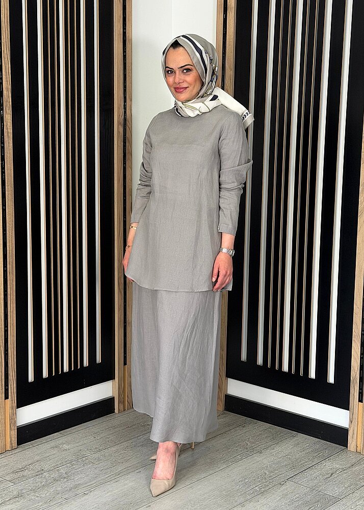 Miss Dalida A Kesim Düz Renk Keten Etek GREY (1)
