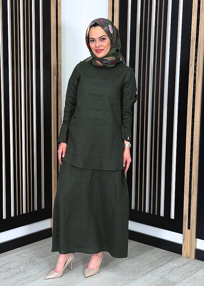 Miss Dalida A Kesim Düz Renk Keten Etek KHAKİ (1)