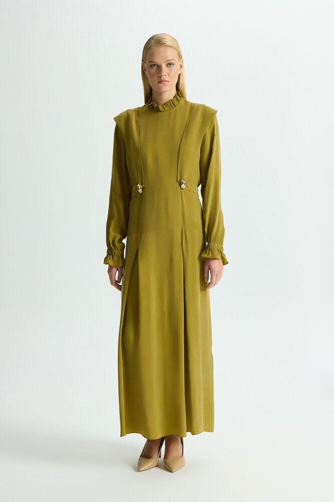 Miss Dalida Aksesuar Detaylı Cupro Elbise Amber - 1