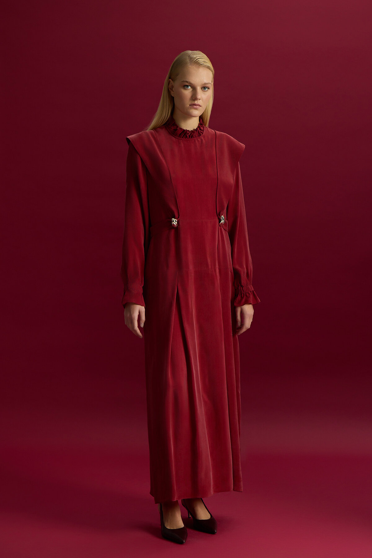 Miss Dalida Aksesuar Detaylı Cupro Elbise Cherry - 1