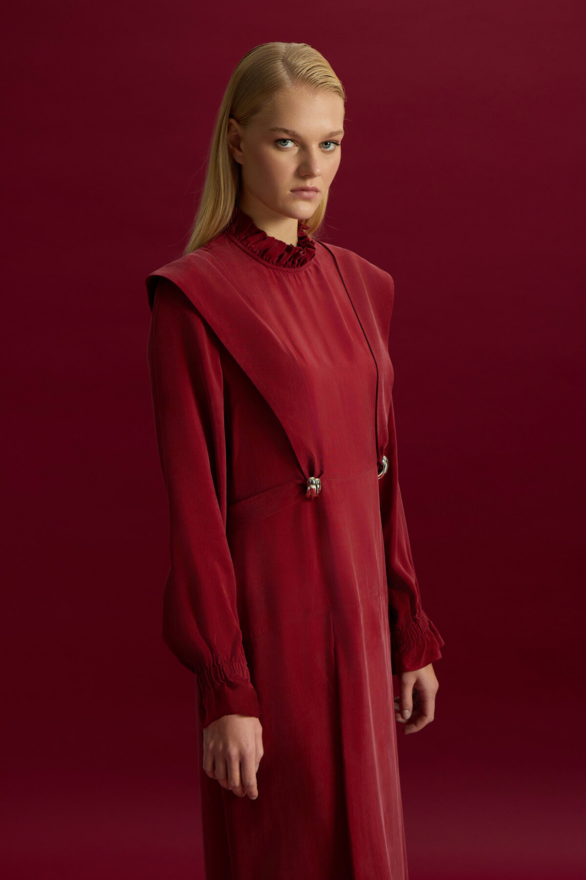 Miss Dalida Aksesuar Detaylı Cupro Elbise Cherry - 2