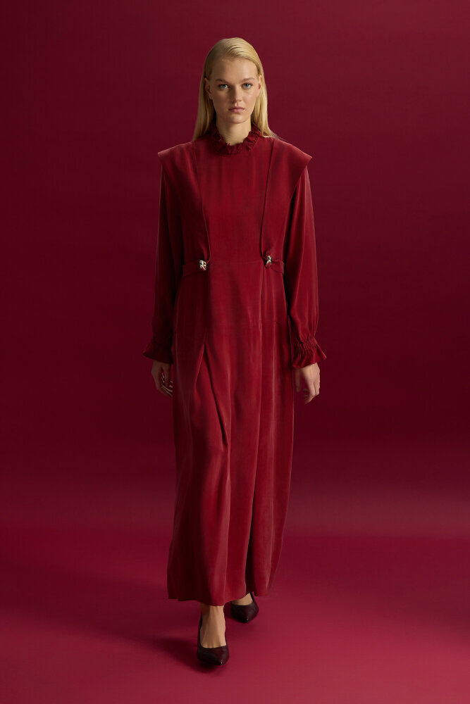 Miss Dalida Aksesuar Detaylı Cupro Elbise Cherry - 3