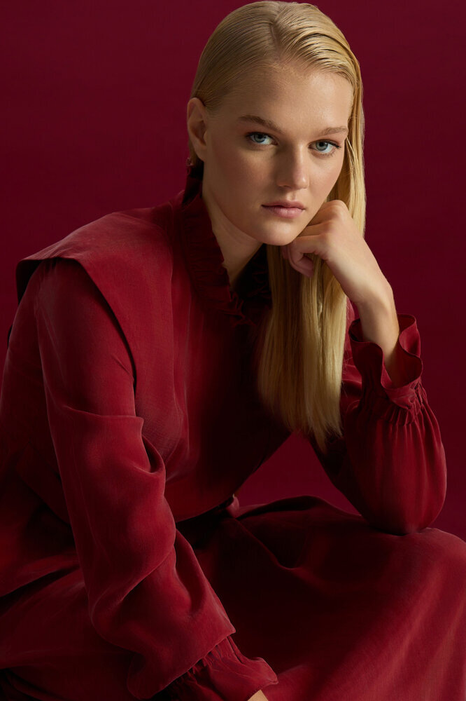 Miss Dalida Aksesuar Detaylı Cupro Elbise Cherry - 5