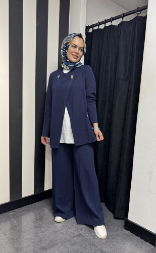 Miss Dalida Aksesuar Detaylı Düz Renk Hırka Navy Blue - 2