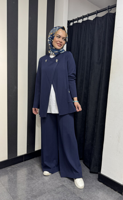 Miss Dalida Aksesuar Detaylı Düz Renk Hırka Navy Blue - 2