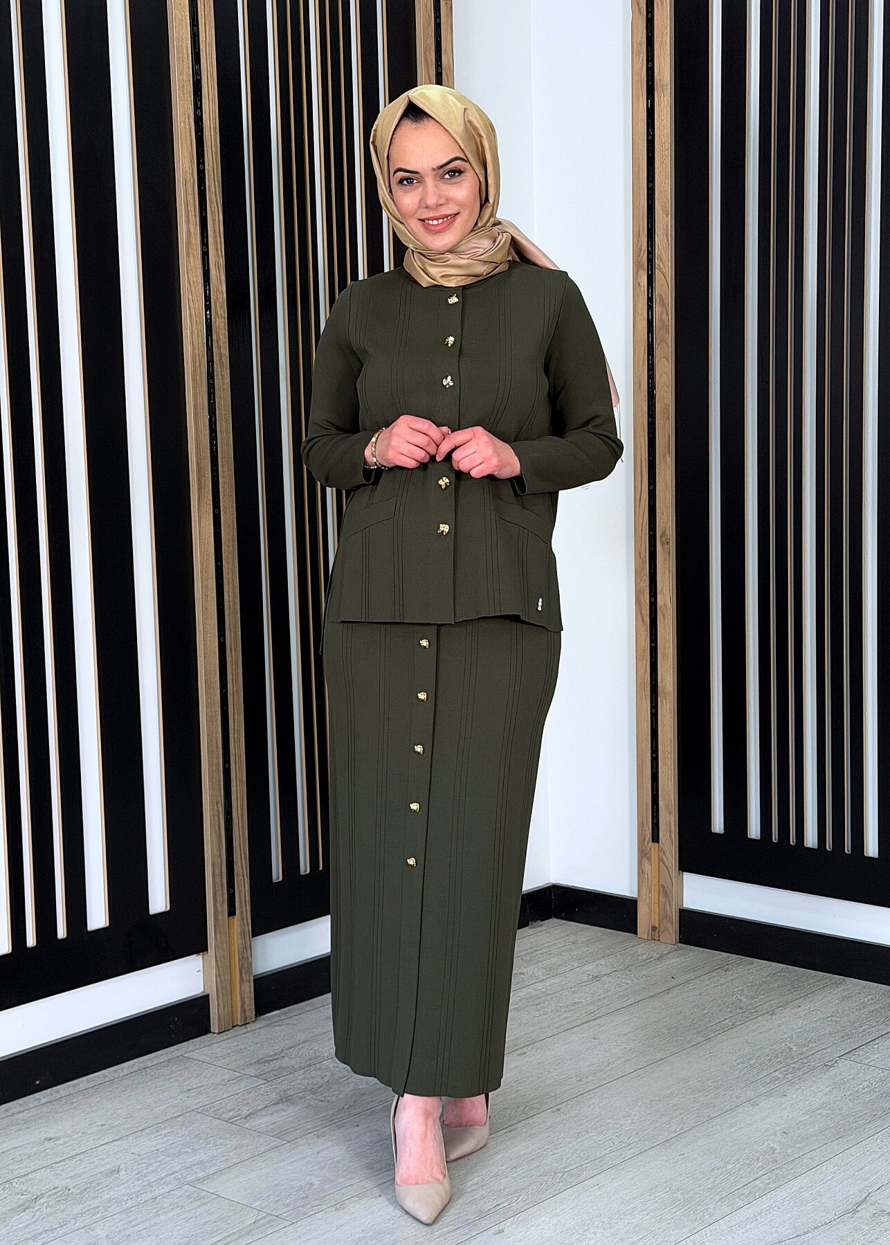 Miss Dalida Aksesuar Detaylı Triko Kalem Etek KHAKİ - 1
