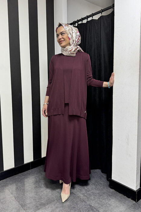 Miss Dalida Arkası Örgü Motifli Hırkalı Takım BORDO - 3
