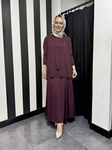 Miss Dalida Arkası Örgü Motifli Hırkalı Takım BORDO - 4