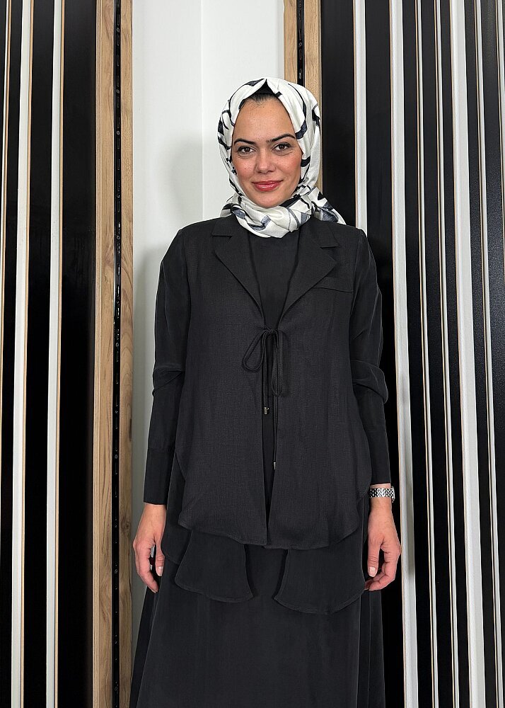 Miss Dalida Bağlama Detaylı Keten Ceket-Elbise Takım BLACK - 2