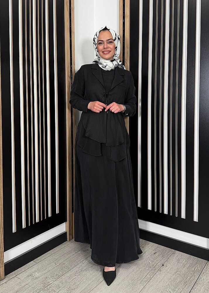 Miss Dalida Bağlama Detaylı Keten Ceket-Elbise Takım BLACK - 3