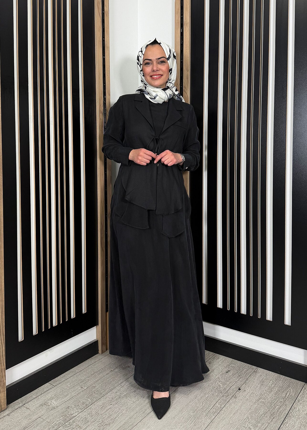 Miss Dalida Bağlama Detaylı Keten Ceket-Elbise Takım BLACK - 3