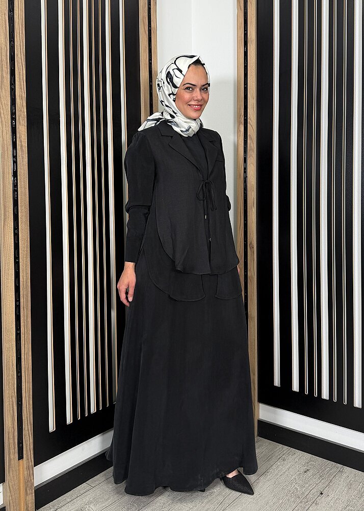 Miss Dalida Bağlama Detaylı Keten Ceket-Elbise Takım BLACK - 4